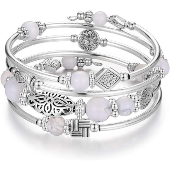 Layered Silver Wrap Bracelet - Beaded Bangle with Natural Agate Stone, Gifts - Picture 7 of 7